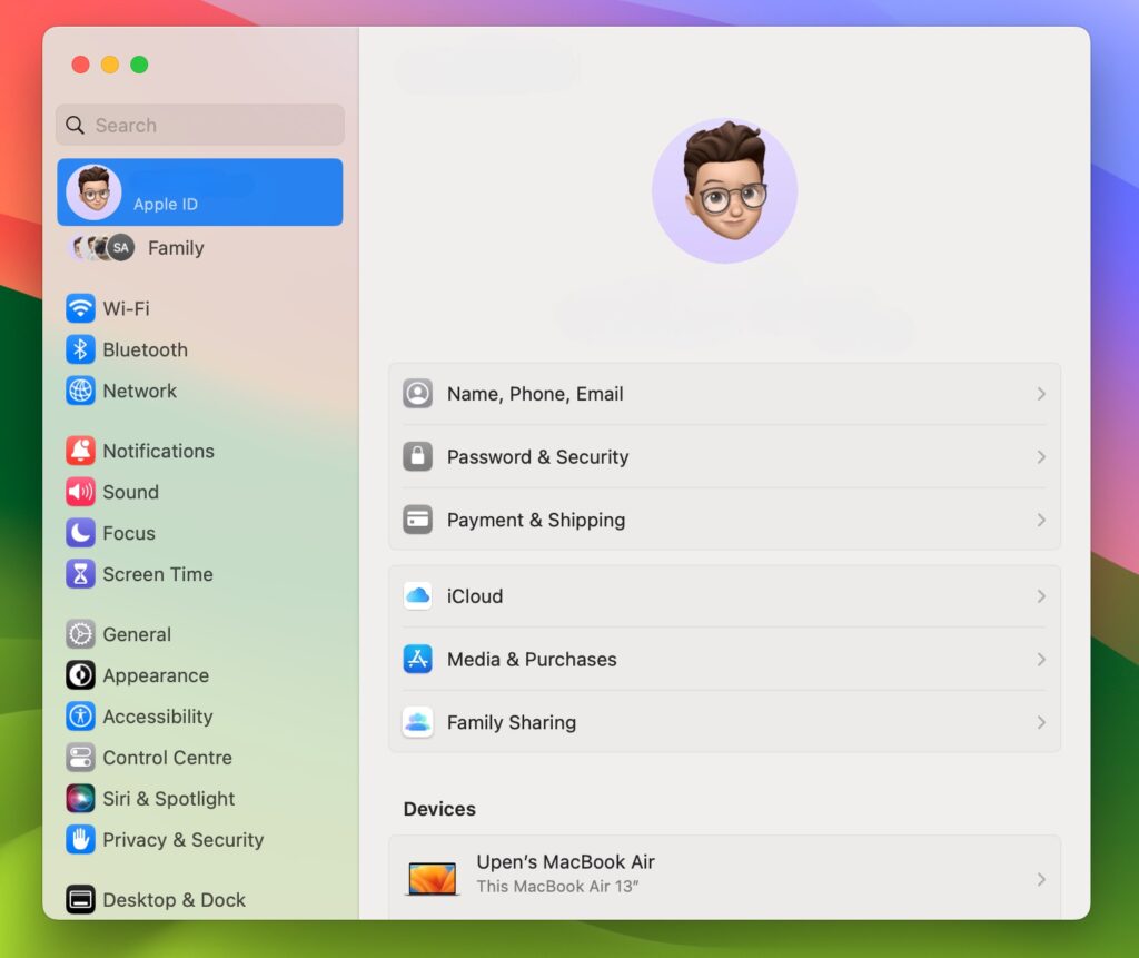 Apple ID in the Settings window on Mac