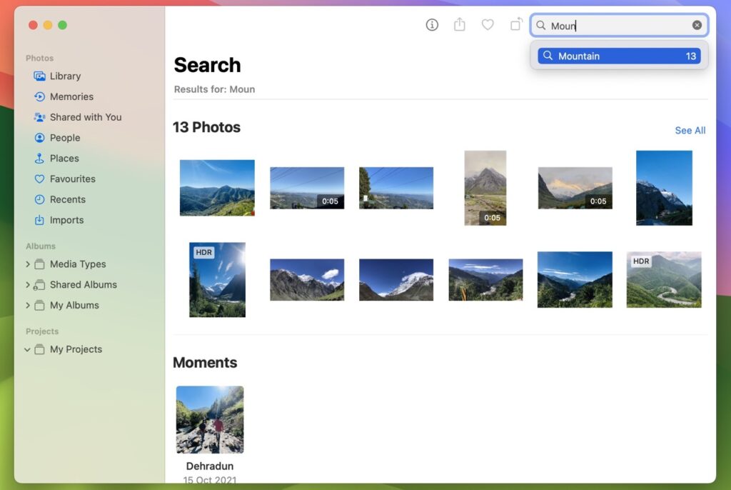 the searched keyword related appeared in photos app