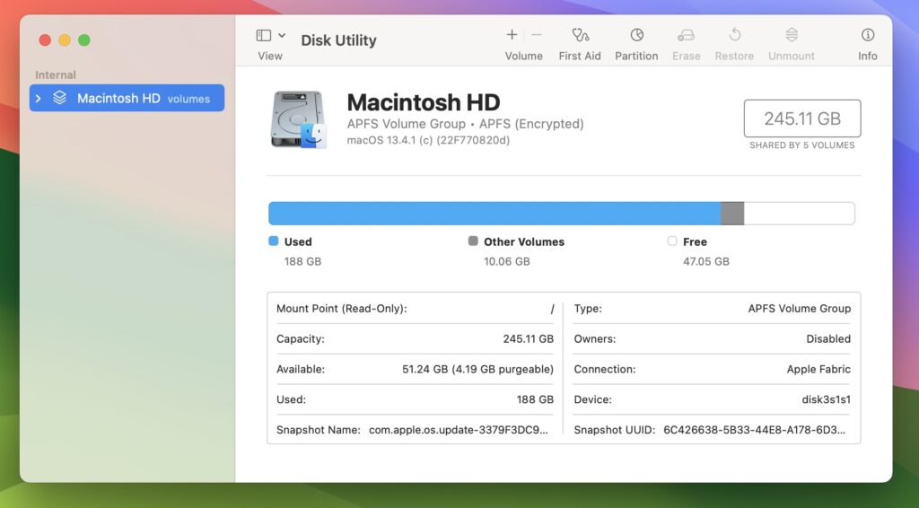 open disk utility and select Macintosh disk to storage usages