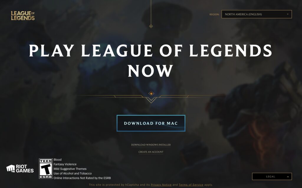 home page of League of Legends