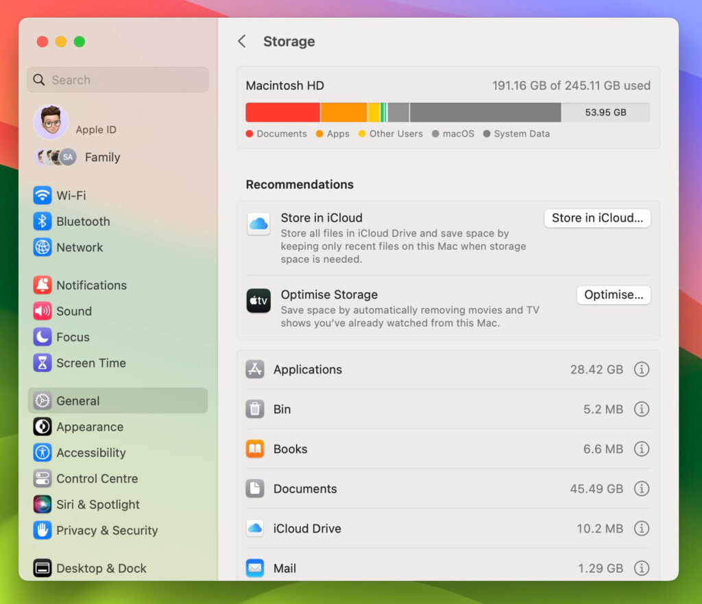 Storage usage in system setting