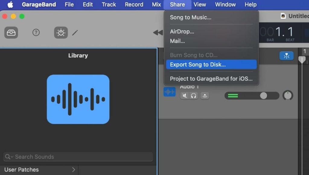 select 'Share' from menu bar to export file